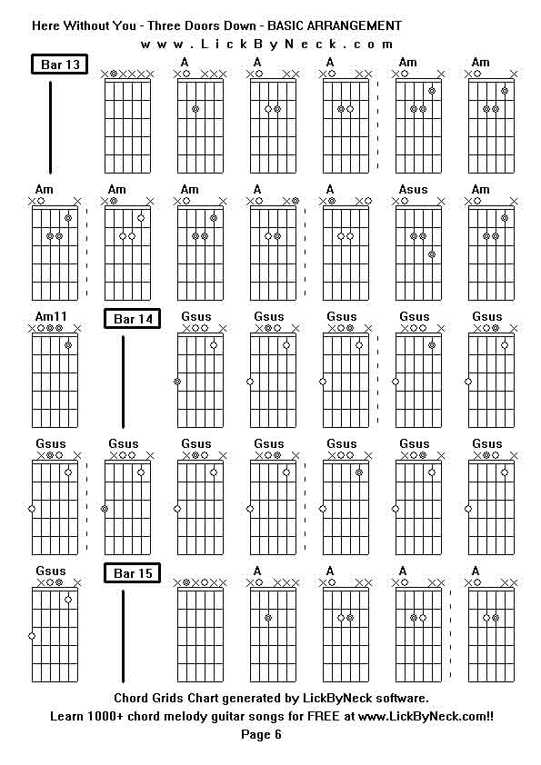 Chord Grids Chart of chord melody fingerstyle guitar song-Here Without You - Three Doors Down - BASIC ARRANGEMENT,generated by LickByNeck software.